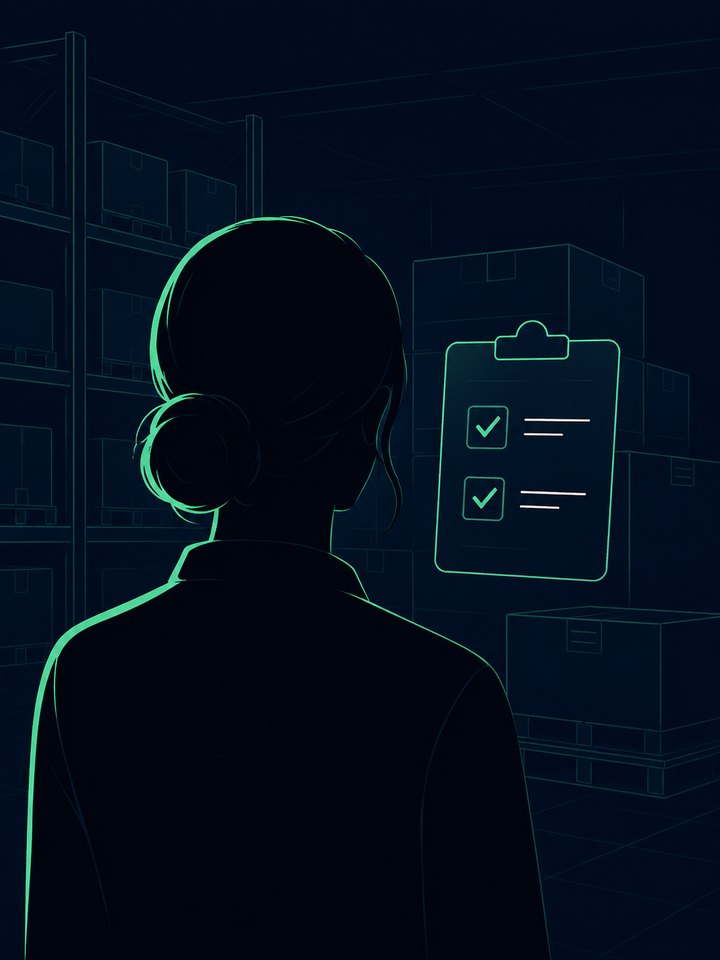 Illustration : Lina de dos, en inspection dans un entrepot